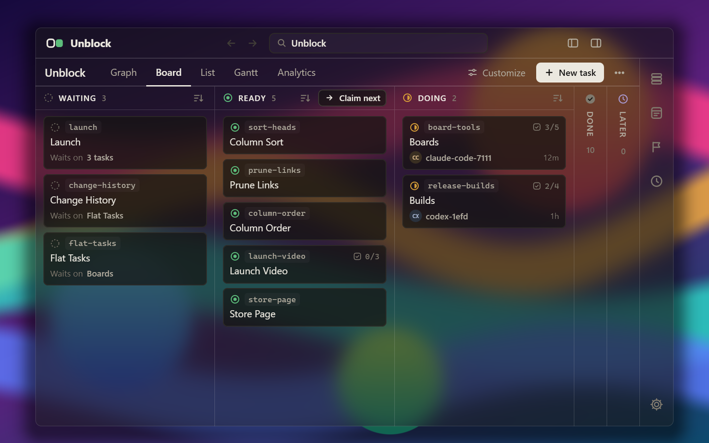 Unblock&rsquo;s board in a see-through window on the desktop: Waiting, Ready and Doing columns with tasks in each, two agents at work, and Done and Later folded at the edge.